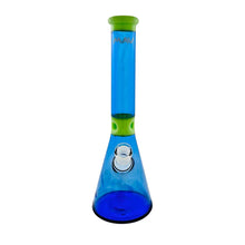 The MAV 13.5" Mini Zebra Beaker Water Pipe is a blue glass bong with a transparent body, green mouthpiece and joint accents, an ice pincher for smooth hits, and a removable bowl.