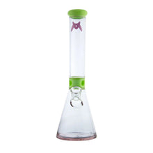 The MAV 13.5" Mini Zebra Beaker Water Pipe is a clear borosilicate glass bong featuring a green-rimmed mouthpiece and base, green percolator, ice pincher for cool hits, and a purple decorative logo near the top of the neck.