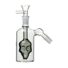 The 14mm Skull Ash Catcher (45° or 90°) features a clear glass body with a hollow skull design inside, vertical mouthpiece on top, and an angled joint to fit 14mm water pipes.