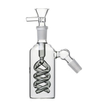 The 14mm The Spiral Perc Ash Catcher 45° or 90° features durable glass construction, a spiral coil inside, and three joint connections for versatile attachment to your water pipe.