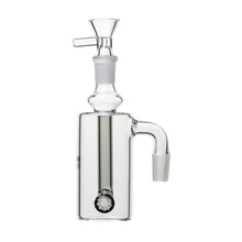 The 14mm DK Barrel Ash Catcher (45° or 90°) is a clear glass percolator attachment featuring a top bowl, cylindrical chamber, vertical downstem, side handle, and joint connector for use with 14mm water pipes or bongs.