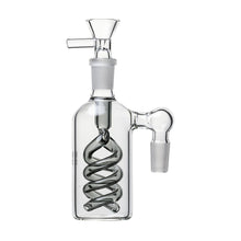 The 14mm The Spiral Perc Ash Catcher 45° or 90° features a spiral coil for enhanced filtration and cooling, dual joint connections, and a funnel bowl—ideal for use with your 14mm water pipe.