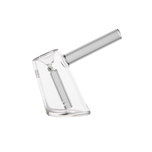 A clear borosilicate glass pipe with a rectangular, slanted bowl and cylindrical stem, similar to the MJ Arsenal Fulcrum Bubbler, displayed on a white background.
