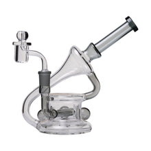 The Human Grade 7.5" Recycler 45 (Triple Marble) Glass Rig Water Pipe features clear borosilicate glass, a bent neck, wide base, and intricate internal tubing—expertly designed for smoking or vaporizing substances.