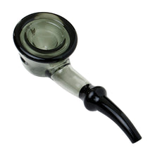 The Human Grade Fleur Hand Pipe showcases a classic design with a transparent borosilicate glass bowl and a dark, curved stem, set against a white background.