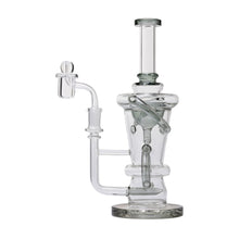 The 10.25" Straight Recycler Glass Water Pipe features clear borosilicate glass, multiple chambers, percolator tubes, a side arm, flat circular base, and an upright recycler dab rig design against a white background.