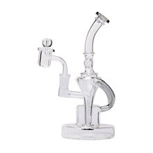 The Dualing Recycler Glass Rig Water Pipe features clear borosilicate glass, a curved mouthpiece, wide stable base, attached nail and carb cap—delivering durability, style, and perfect performance for vaporizing concentrates in one elegant piece.