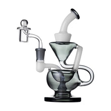 The Human Grade 8" Recycler 1A is a modern, artistic glass water pipe made of borosilicate glass with a clear and gray body, featuring angled chambers, multiple joints, and a Double uptake recycler design.
