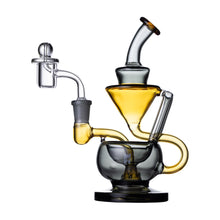 The Human Grade 8" Recycler 1A is a borosilicate glass dab rig with yellow and clear accents, a curved neck, funnel-shaped chamber, oil catch, attached banger, and carb cap, shown on a white background.