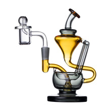 The Human Grade 5" Recycler 1A is a borosilicate glass dab rig with transparent amber and gray accents, a curved mouthpiece, angled neck, and round base, designed for vaporizing concentrates.