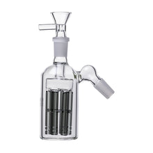 The Jellyfish Glass Ash Catcher 14mm 45/90 degree features a clear cylindrical chamber with three vertical jellyfish percs for superior filtration and has angled top and side joints for easy connection to other accessories.