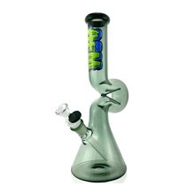 The AFM Glass 12" Beaker Wave Full Color Glass Water Pipe is a durable, green-tinted borosilicate bong with a beaker base, curved neck featuring two twists, and blue/yellow “WENE” text on the neck. Includes a 14mm downstem.