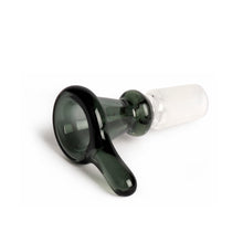 The Gear Premium 14mm Thumper Cone Bowl Slide is a borosilicate glass bowl with a black handle and frosted joint, designed to fit 14mm water pipes, shown on a white background.