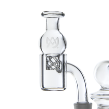 A close-up of the MJ Arsenal Spinner Carb Cap, a clear glass attachment with an intricate spiral design and embossed logo on top, engineered to improve circular airflow like a spinner carb cap, set against a white background.