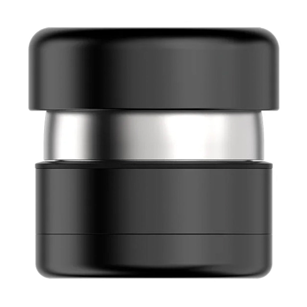 A black and silver cylindrical coffee tamper with flat ends, ideal for pressing espresso grounds, pairs well with the Flower Mill 2