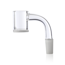 The MJ Arsenal White/Opaque Bottom Large Quartz Bucket is a clear glass banger with a cylindrical bucket, curved neck, and frosted joint—ideal for mini rigs. Shown on a white background.