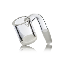 The MJ Arsenal White/Opaque Bottom Large Quartz Bucket is a clear handcrafted banger with a cylindrical chamber, flat base, and frosted connector—perfect for pairing with mini rigs. Displayed on a white background.