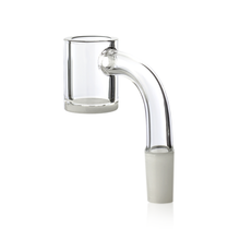 The MJ Arsenal White/Opaque Bottom Large Quartz Bucket features a handcrafted, clear quartz build with a cylindrical bucket and curved neck. Its frosted bottom ensures a secure fit for mini rigs or water pipes.