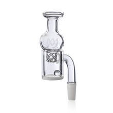 The MJ Arsenal White/Opaque Bottom Large Quartz Bucket is a clear glass dab nail with a curved joint, etched logo, and handcrafted chamber featuring a visible spiral. Ideal for mini rigs, this accessory stands out on a plain white background.