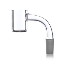 The MJ Arsenal Mini Rig™ Standard Quartz Bucket (10mm) is a clear glass banger with a curved neck, frosted joint, and 10mm connection—ideal for dab rigs or water pipes. Shown on a white background.