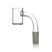 The MJ Arsenal Mini Rig™ Standard Quartz Bucket (10mm) is a clear glass quartz banger with a cylindrical bucket and bent neck, designed for MJA Mini Rigs. It features a frosted 10mm base connection for secure attachment. White background.