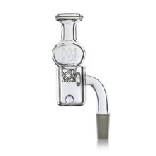 The MJ Arsenal Mini Rig™ Standard Quartz Bucket (10mm) is a clear glass accessory with a bulbous top, cylindrical body, angled tube base, etched logo, internal spiral design, quartz bucket for smooth use, and a 10mm connection—displayed upright.