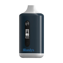 The Randy’s Inspo Dual 510 Thread Vaporizer is a compact dark blue device with a white mouthpiece, black button, indicator lights, and logo at the base—compatible with 510 tanks battery and comes with a water pipe adapter.
