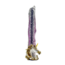 The Fantasy Tower Incense Burners feature a tall, narrow design with a silver and purple gradient, topped with a hand-painted gold and white resin unicorn head at the base.
