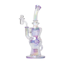 The 11.5" Swiss Incycler Glass Water Pipe features an iridescent borosilicate build with a curved neck, wide base, attached bowl piece, and pastel purple, blue, and yellow hues.