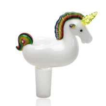 The Empire Glass Works Unicorn Bowl 14mm is a playful borosilicate glass accessory for your water pipe, shaped like a white unicorn with a rainbow mane, yellow horn, and rainbow tail.