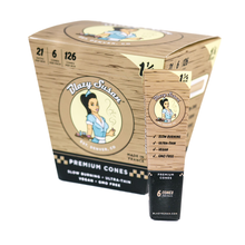 A box and a single pack of Blazy Susan Unbleached Paper Cones, with retro-style woman logo. Packaging lists 6 slow-burning, ultra-thin cones that are vegan, GMO-free, and made in France.