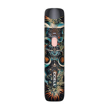 A CCELL Go Stik Battery featuring intricate, colorful abstract artwork with swirling patterns on its body and "CCELL" displayed vertically near the bottom.
