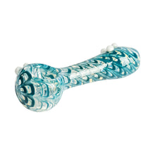 The Red Eye Glass 3.25" Zippy Glass Spoon is a travel-size borosilicate hand pipe with a swirling blue and clear design, a rounded bowl, and white decorative bumps along the handle.