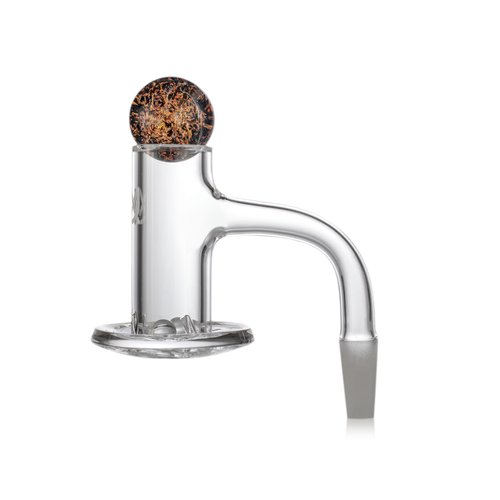 The MJ Arsenal Full Weld Quartz Terp Blender banger features a clear quartz build with a round, textured carb cap in a brown and gold marbled pattern. Designed for use with MJ Arsenal Mini Rigs. Plain white background.