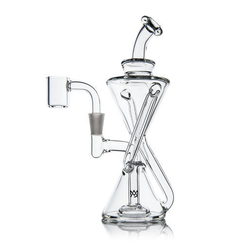 The MJ Arsenal Time Turner Mini Dab Rig is a clear borosilicate glass recycler with an hourglass shape, angled tubes, and a side chamber. It features a modern design and sits securely on a flat base.