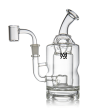 The MJ Arsenal Turbine Mini Dab Rig is a clear borosilicate glass piece with a side arm, angled mouthpiece, MJ logo on the chamber, and Inception Turbine Perc—ideal for smoking or vaporizing concentrates.