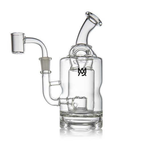 The MJ Arsenal Turbine Mini Dab Rig is a clear borosilicate glass piece with a side arm, angled mouthpiece, MJ logo on the chamber, and Inception Turbine Perc—ideal for smoking or vaporizing concentrates.