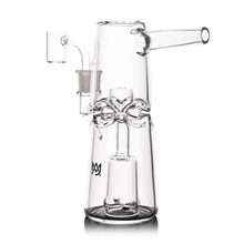 The MJ Arsenal Turret Mini Dab Rig is a clear borosilicate glass rig with a flared base, decorative percolator, side mouthpiece, joint for bowl or nail, and a small logo near the base—perfect for portable dabbing.