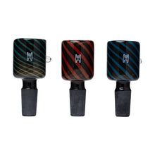 Three Glass Straight Bowl 1A 14mm smoking pipe bowls with black bases, each showcasing diagonal stripes in green, red, and blue, are displayed together on a white background—a vibrant water pipe accessory set.