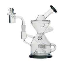 The Tyson Knockout Dab Rig features clear borosilicate glass, an hourglass chamber, spiral tubing, angled mouthpiece, side handle, attached bowl, and black-tinted base and rim—delivering standout style and function.