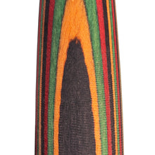 A close-up of the MJ Arsenal Wooden Round Dab Tool featuring vertical black, orange, green, red, and brown stripes with a smooth, polished finish and natural wood grain—perfect for handling concentrates.