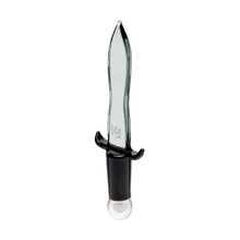 The MJ Arsenal Excalibur Dab Tool is a clear borosilicate glass dab tool shaped like a dagger, featuring a pointed blade, black hilt with guard, and rounded transparent pommel—perfect for your dabbing needs.