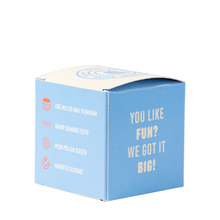 A blue and white box for BIGFUN! Small Grinders displays “YOU LIKE FUN? WE GOT IT BIG!” with icons showing CNC milled 6061 aluminum, sharp diamond teeth, mesh pollen sift screen, and a magnetic closure.