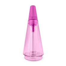 The Puffco Peak Travel Glass, a translucent pink cone-shaped bottle with a wide base, narrow top, and matching pink cap, stands empty and upright on a white background.
