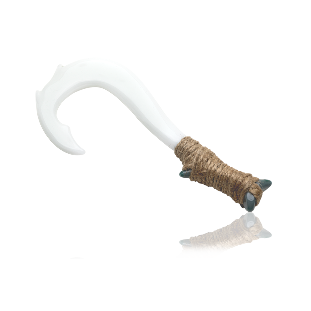 The Empire Glassworks Dab Tool is a white, curved borosilicate glass tool with a pointed end, a handle wrapped in brown rope, and two small blue spikes at the base, displayed on a white background with a faint reflection below.