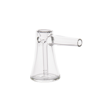 A clear glass piece with a conical base and a horizontal cylindrical spout near the top, the MJ Arsenal Vulkan Bubbler resembles a small scientific beaker or lab funnel, offering portable functionality.