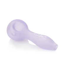 The Grav Sandblasted Spoon is a small, translucent lavender pipe with a rounded deep bowl, curved stem, and "GRAV" etched on its side, shown against a white background.