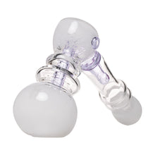 The Frit Hammer Bubbler features glossy glass with subtle purple hues, a spacious bowl, and an angled neck. Its round base and bulbous chamber offer stylish design and smooth functionality for smoking.