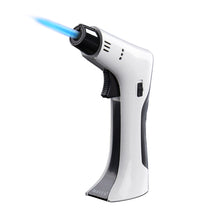 The Maven Thunder Torch (Unfilled) is a white handheld device with black accents, featuring a visible windproof jet flame, trigger ignition, upright base, and modern design. It's butane refillable.