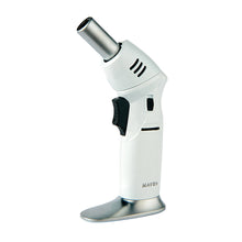 The Maven Model T Torch (Unfilled) is a white and silver refillable lighter with a black ignition switch, standing upright on a metallic base against a plain white background.